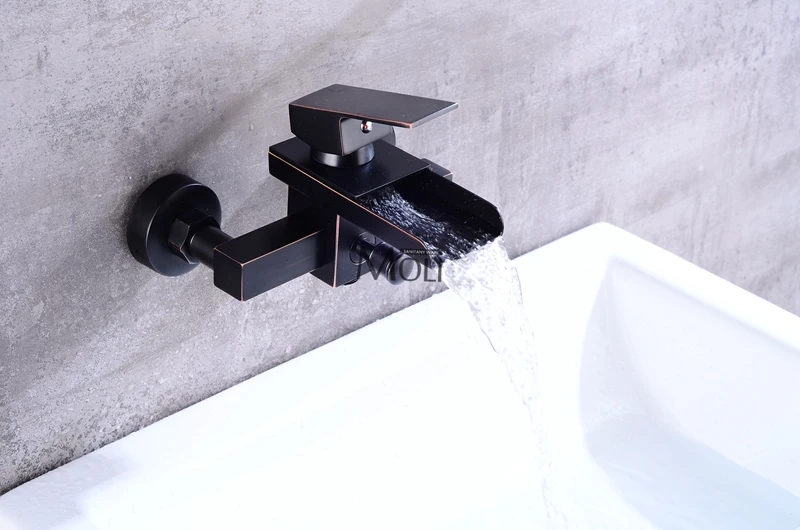 Настенный Для ванной кран с ручным душем Для ванной душа Установить масло щебня бронзовый Готовые водопад черный Для ванной кран