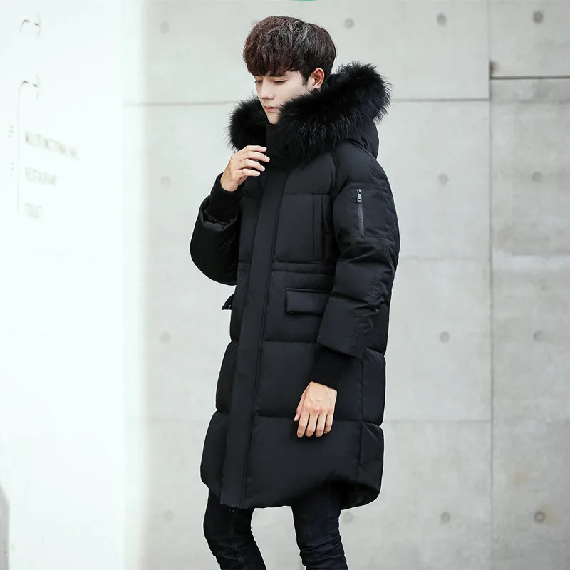 

Youthful fashion thickened white duck down warm men's winter down jacket hooded large fur collar fit long men's Winter Coat