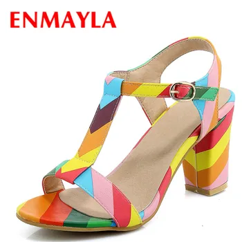 

ENMAYLA Summer Women High Heel Ladies Sandals Open Toe T-strap Sandals Women Multi Colors White Shoes Woman Square Heel Sandals
