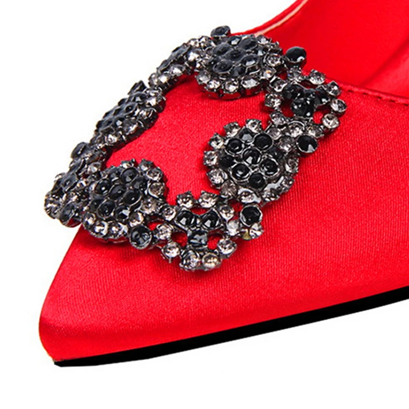 BIGTREE Women Pumps Elegant Rhinestone Silk Satin High Heels Shoes Crystal Metal Square Buckle Party Shoes Women Wedding Shoes