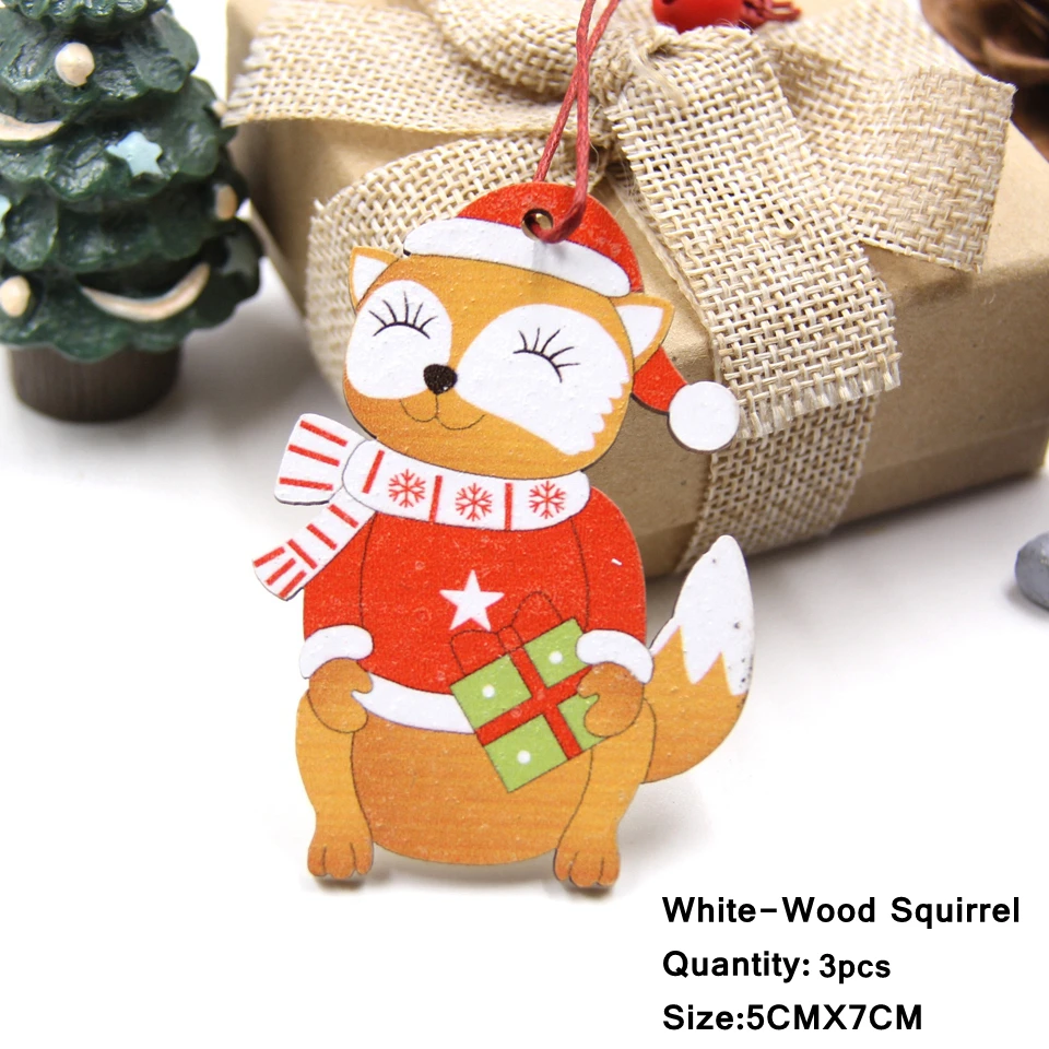 3PCS Lovely Squirrel&Angel Wooden Pendants Ornaments Christmas Wood Craft Kids Toys DIY Christmas Tree Decorations Hanging Gifts - Цвет: 3PCS W-Squirrel A