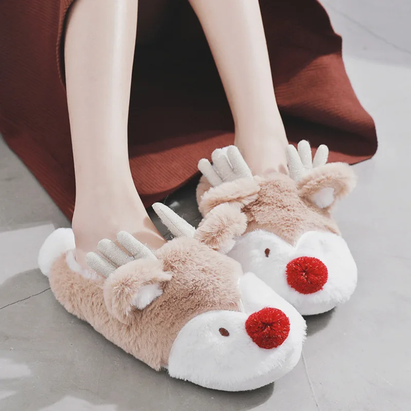 HALLUCI Couple Christmas deer slippers women flat rabbit fur home shoes ...