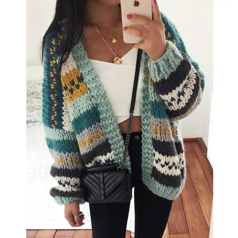 BOHO INSPIRED Blue Fairisle Stripe Chunky Hand Knit Cardigan warm chic
