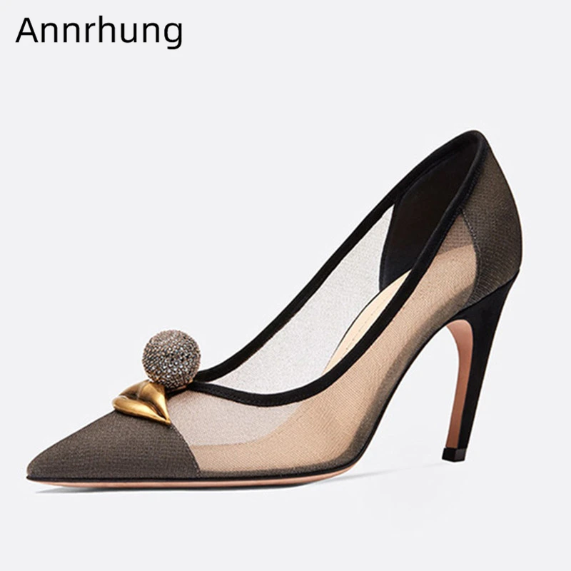 

Sexy Mesh High Heel Pumps Women Concise Pointed Toe Translucent Shallow Summer Shoes Metal Lips Eyes Decor Party Shoes Woman