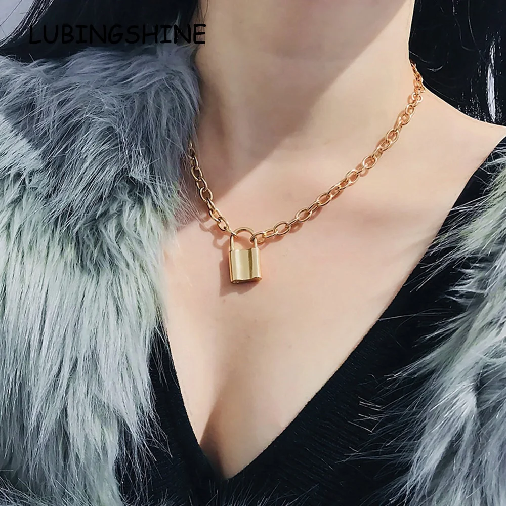 

Punk Handmade Women Men Square Lock Pendant Chain Necklace for Women Girls Gold Silver Color Lover Chokers Necklaces Jewelry
