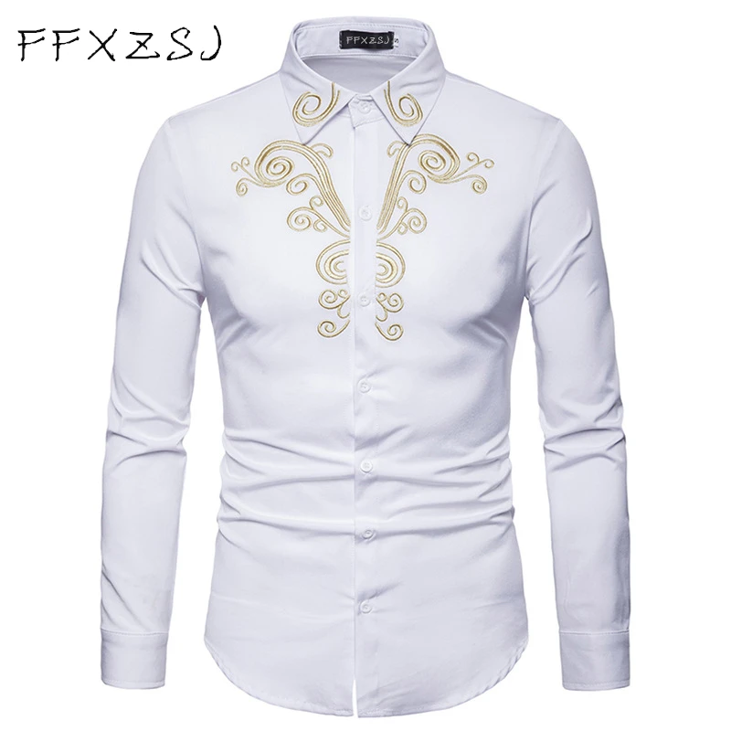 FFXZSJ brand Spring Royal Court Style Solid  Floral  Embroidered  Solid Dress Lapel shirt Slim Fit Casual Long Sleeve men Shirt 