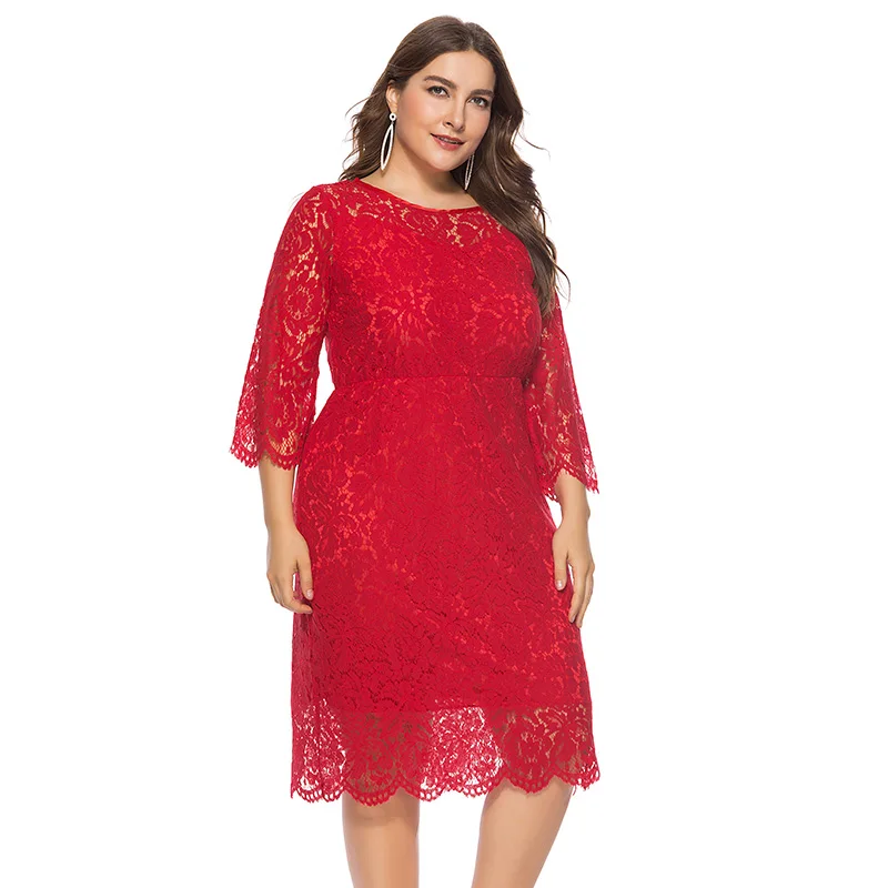Romacci размера плюс платья для женщин 4xl 5xl 6xl винтажное кружевное платье с круглым вырезом и рукавом 3/4 элегантные вечерние сексуальные платья миди - Цвет: Красный