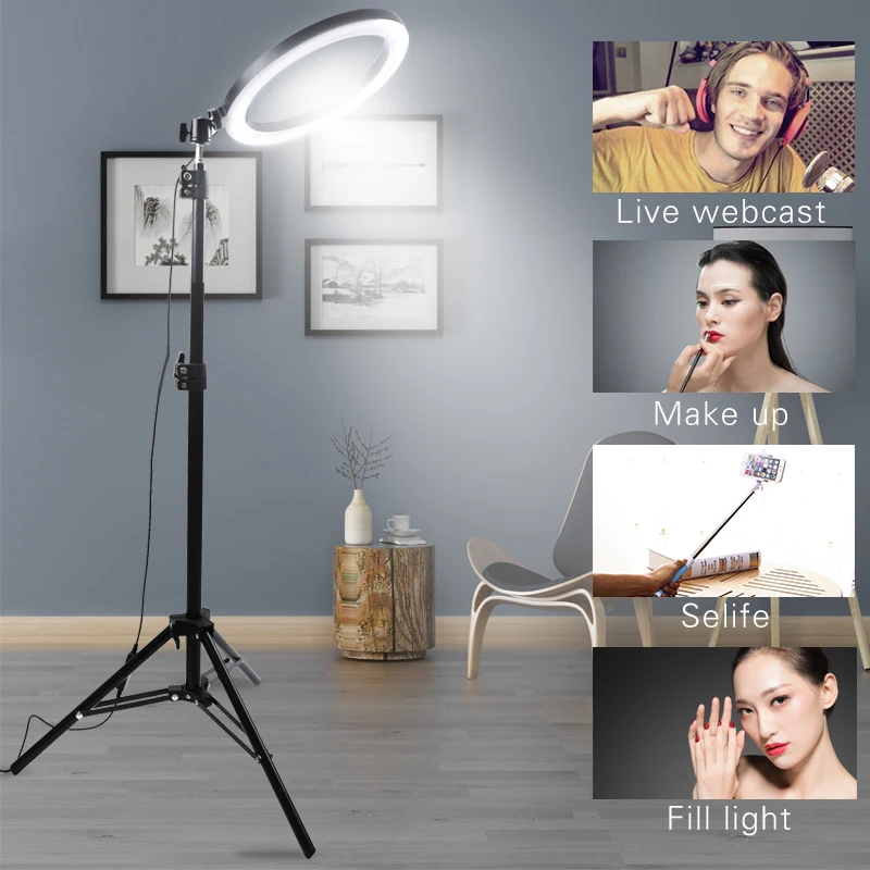 

12.8" Photo Studio LED Camera Ring Light Dimmable Phone Video Light Lamp With 1.6M Tripod Fill Light for Live Makeup Lighting