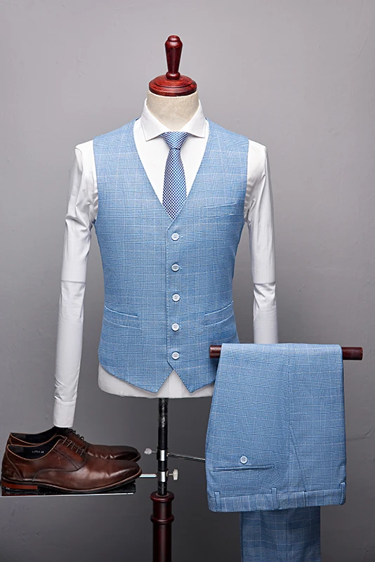 Fashion Blue Boutique High quality Mens Wedding suit Formal Suits 3 Pieces Wedding Groom Tuxedos Prom Slim Fit Light plaid suits