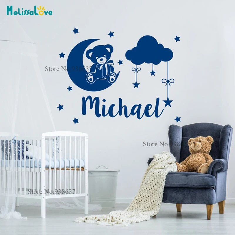 Baby Room Custom Name Sticker Teddy Theme Moon Star Cloud Bear Design Personlised Decal Nursery Wall Sticker Decoration BA020