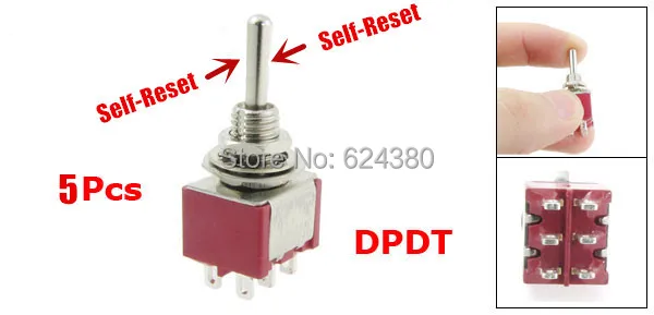 

Selfreset Momentary Toggle Switch DPDT 2P2T (ON)-OFF- (ON) 3 Three Position 6 Pins 250V / 2A 120 V / 5A AC x 5 Pcs / Lot