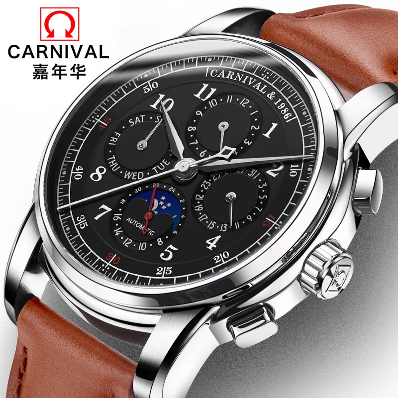 

Mechanical watch men's waterproof 30 meters retro leather strap moon phase date week month top men's sports watch carnival