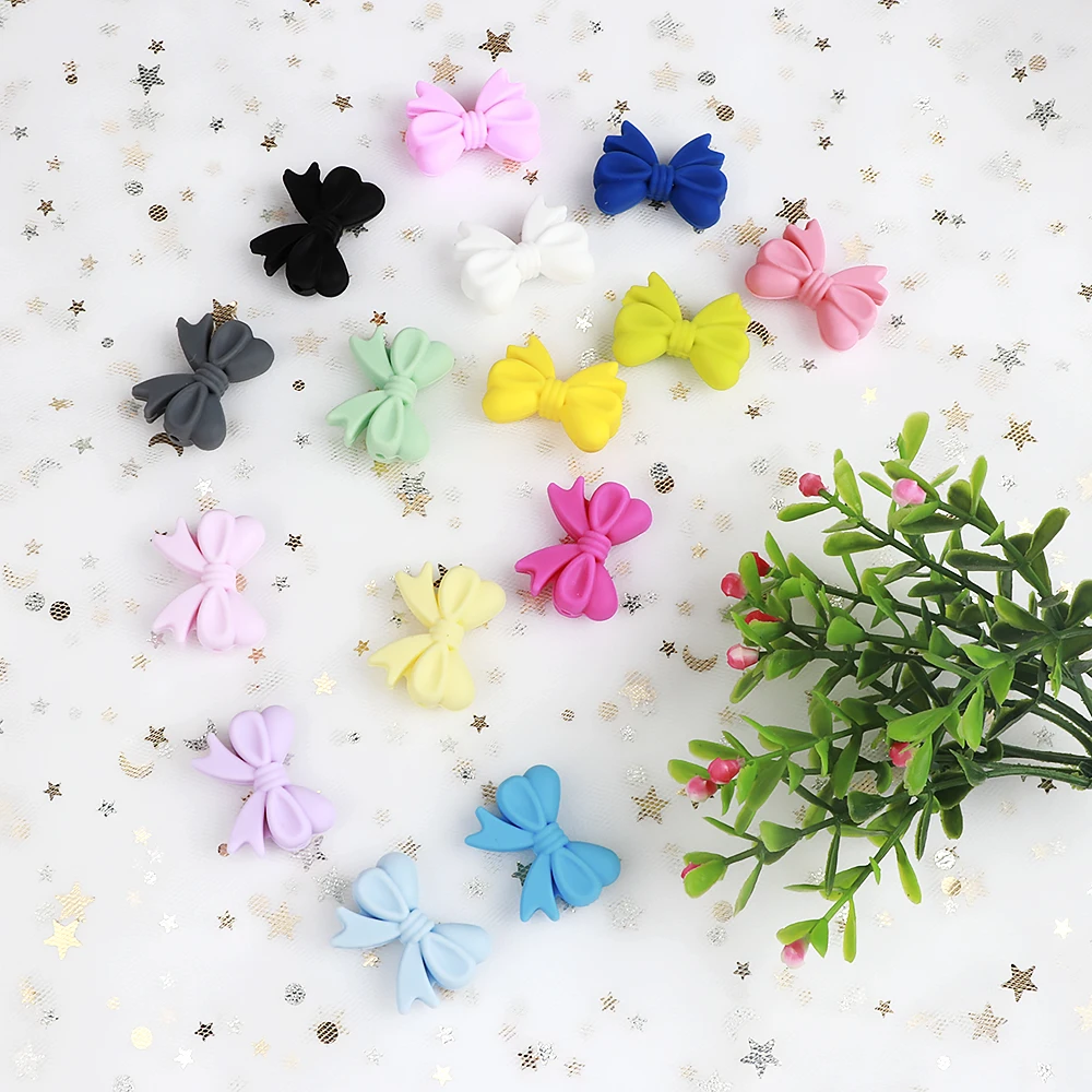Bowknot Silicone Beads Silicone Teething Toys Silicone Beads Silicone Teether Silicone Teething Beads For Baby Necklace Teether BPA Free Baby Pacifier Chain DIY Accessories 10Pc