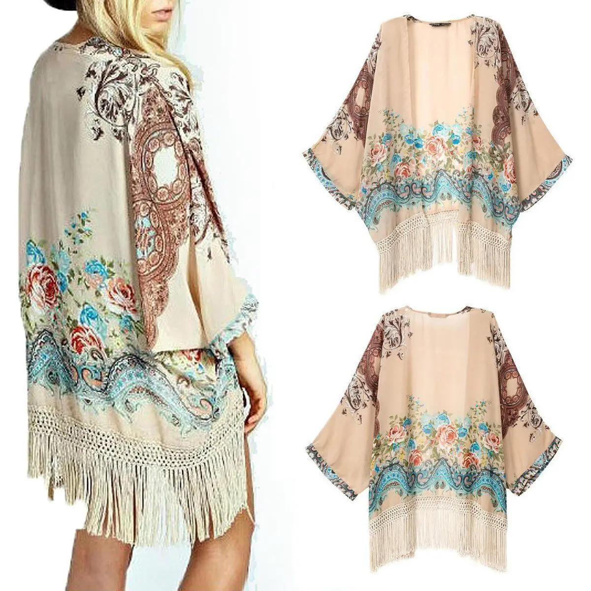 

2018 New Arrival Full Open Stitch Casual No Women Floral Loose Shawl Kimono Cardigan Coat Blouse Bomber Jacket Casaco