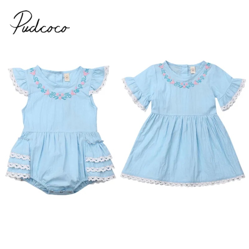 

2019 Baby Summer Clothing Sister Matching Outfits Girl Short Sleeve Flower Romper Dress Matching Layered Ruffled Outfit Set