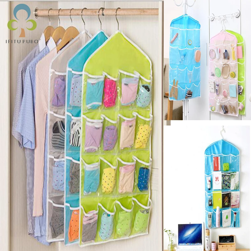 

New 16 Grid Pockets Wardrobe Hanging Organizer Socks Bra Underwear Clear Rack Hanger Storage Bag Saving Space Organizer ZXH