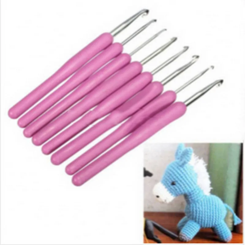 

8pcs Soft Purple Plastic Handle home Aluminum Crochet Knit Hook Needle 2.5-6mm Sewing Tools