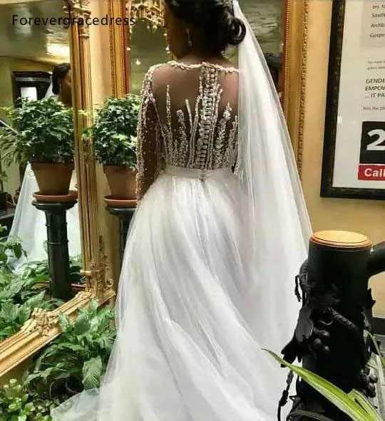 New African Saudi Arabic Vintage Long Sleeve Wedding Dresses Beadings Appliques Sheer Neck Bride Wedding Gown With Removable Tulle Skirt  359 (5)