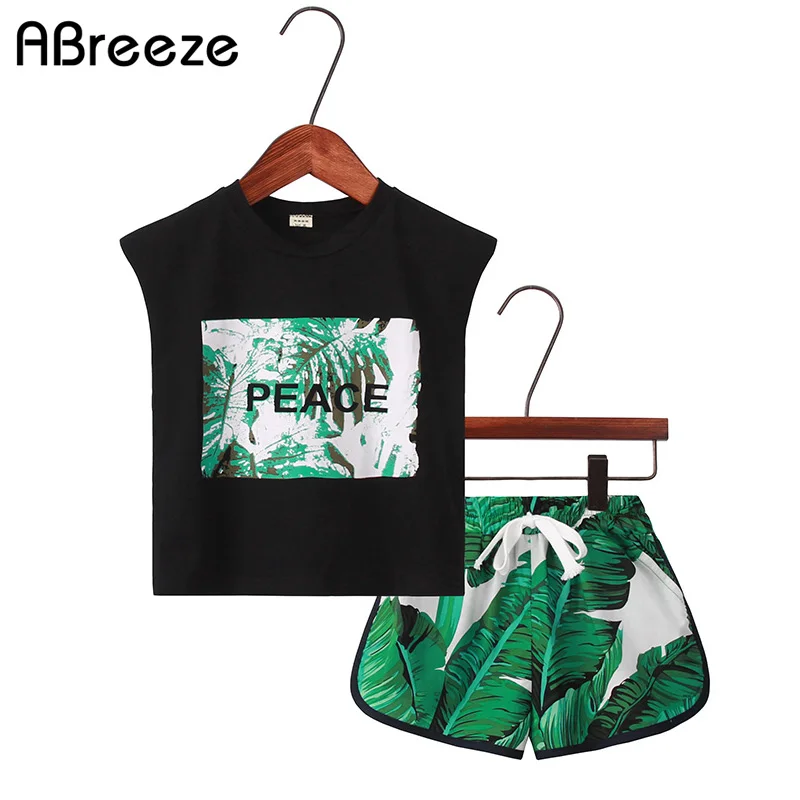 

2018 Summer children clothes sets 1-7T Plantain leaf print boys & girls clothing sets casual cotton kid sets for boys girls