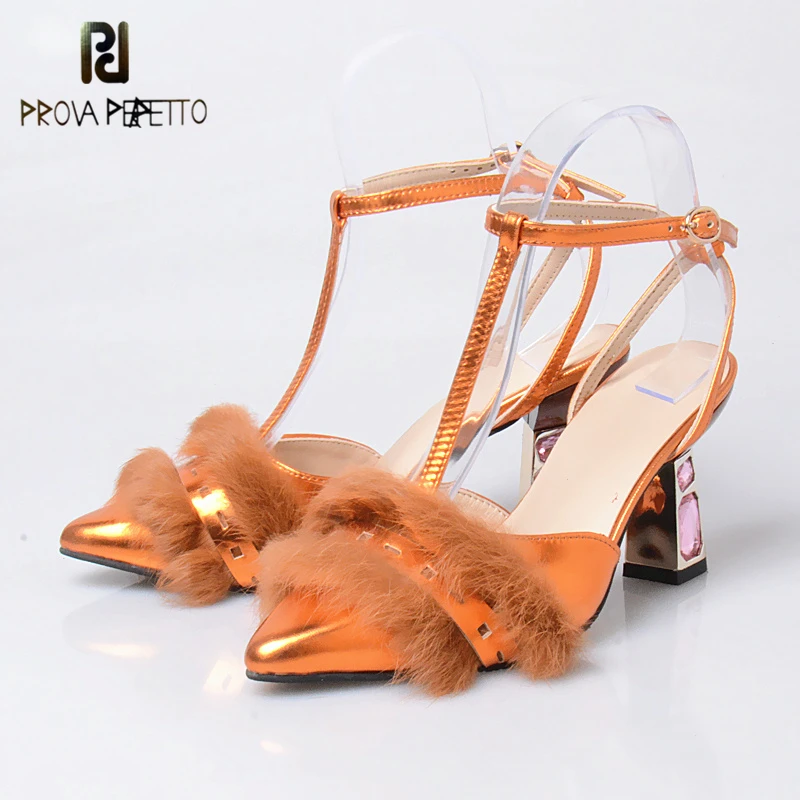 

Prova Perfetto New Design Genuine Leather T-strap Buckle Woman Sandals With Fur Decoration Pointed Toe High Heel Shoes