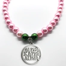 Exquisite AKA sorority society ALPHA K ALPHA metal pendant green pink simulation pearl necklace
