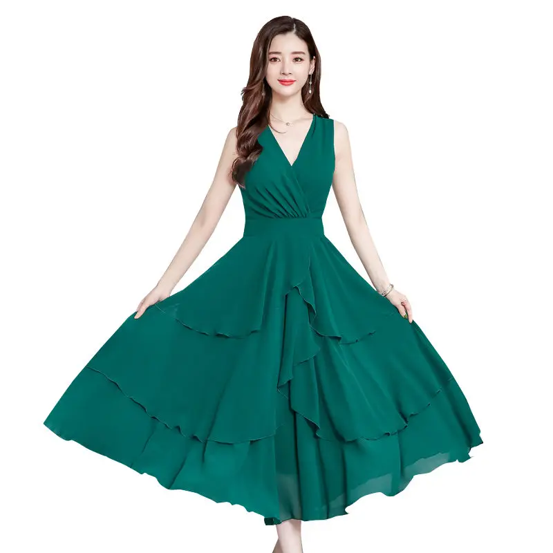 

Summer Retro Elegant Chiffon Ruffles Women Dresses Green V-Neck Tank Dress Ladies Big Swing Beach Asymmetrical Dress