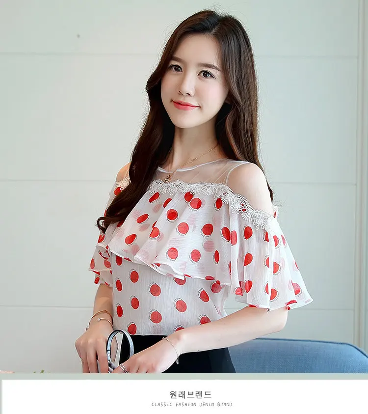 New Polka Dot Shirts Women 2018 Female Summer Blouse Ruffled Open Shoulder Tops Casual Fashion Print Chiffon Blusas Mujer Verano (3)
