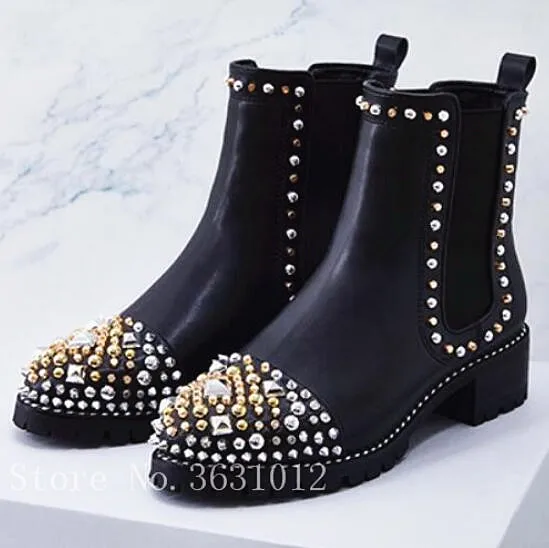 

Brand Design Rivets Round Toe Women Ankle Boots Metal Crystal Women Motorcycle Boots Slip On England Style Female Martin Boots