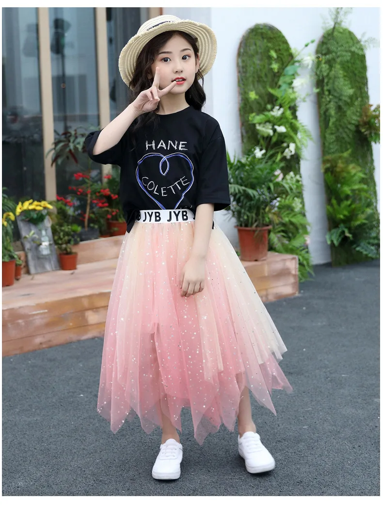 Summer Girls Skirts Sets Children Cotton T-shirts+ Star Lace Skirts Teenage Princess Outfits Fashion Korean Kids Clothing Sets