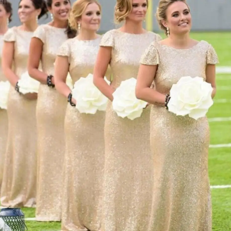 

Sequined Gold Bridesmaid Dresses Long Cap Sleeves Sheath Wedding Guest Dress Floor Length Maid Of Honor Gowns -in Bridesmaid Dre
