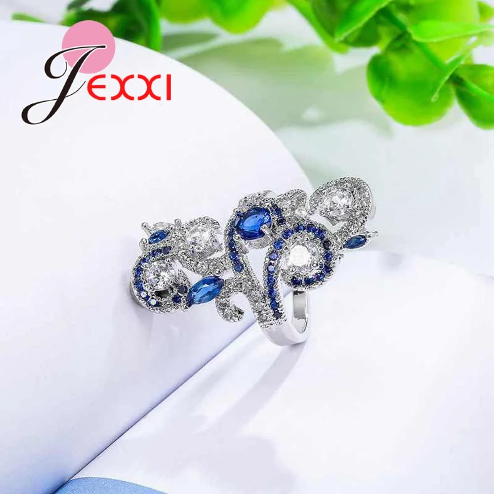 JEXXI Punk Style Blue & White CZ Crystal Hollow Flower Finger RIngs 925 Sterling Silver for Women Girls Wedding Party Jewelry