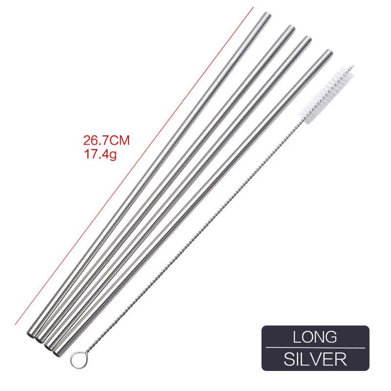 Silver-S-4pcs(L) 4 шт многоразовый металлический соломинки 304 из нержавеющей стали прочный диаметр 6 мм изогнутые прямые соломинка для напитков с одной чистящей щеткой - Цвет: Silver-S-4pcs(L)