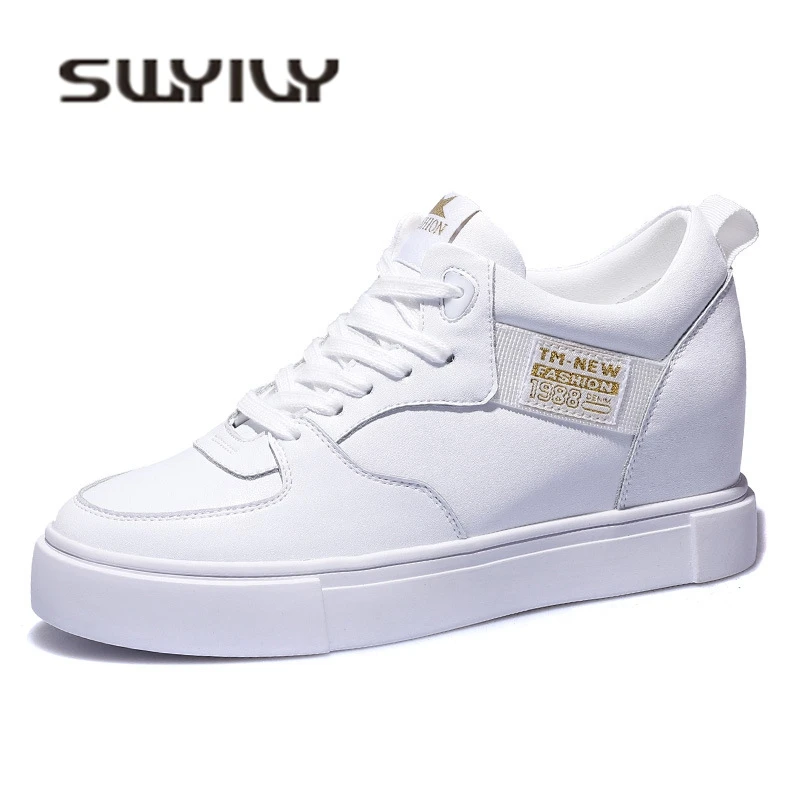 

SWYIVY White Shoes Woman Sneakers Genuine Leater Platform 2019 Spring Summer Autumn Female Casual Shoes Wedge Fashion Sneakers