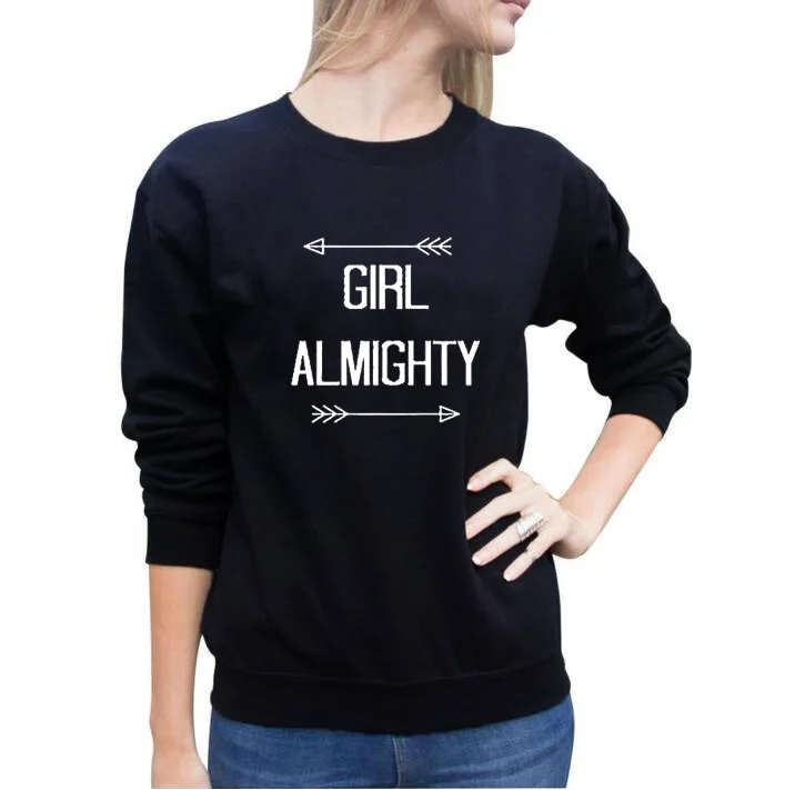 

2019 Casual Tracksuit Autumn O-neck Hoodies Polerones Mujer GIRL ALMIGHTY Letters Print Long Sleeve Sweatshirt Women Black White