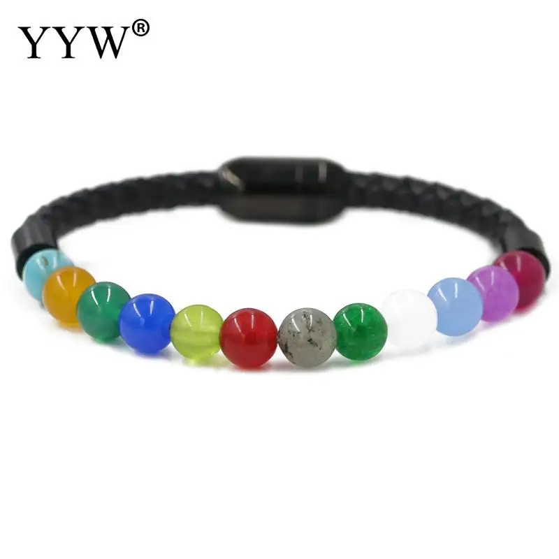 

2019 New Fashion Charm Male Leather Bracelet Lava Chakra Stone Beads Black Stainless Bracelets & Bangles for Men Punk Jewelry