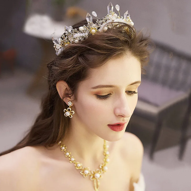 

Gold Color Jewelry Set Rhinestone Simulated Pearls Necklace Earrings Princess Tiara Crown Fashion Wedding Bridal Headdress Gifts