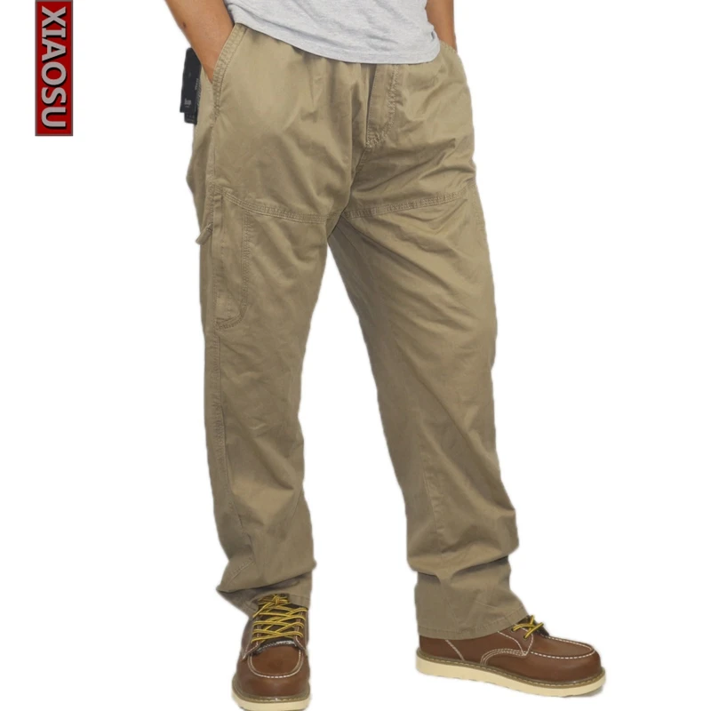 

XIAOSU Men's Cargo Pants Elastic Waist Men Casual Pants Cotton Thin Multi Pocket Fat Loose Trousers Plus Size 6XL Yellow Black