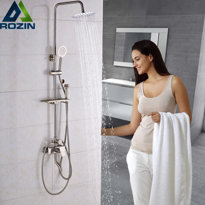 

Brushed Nickel Big Rain Shower Faucets Single Handle In Wall Bath Shower Mixers with Storage Shelf Hooks Bidet Spray Head