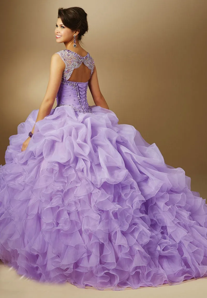 Горячая распродажа пышное платье органзы рукавом бальное платье на заказ бисером кристалл оборками Vestidos 15 Anos Q1089