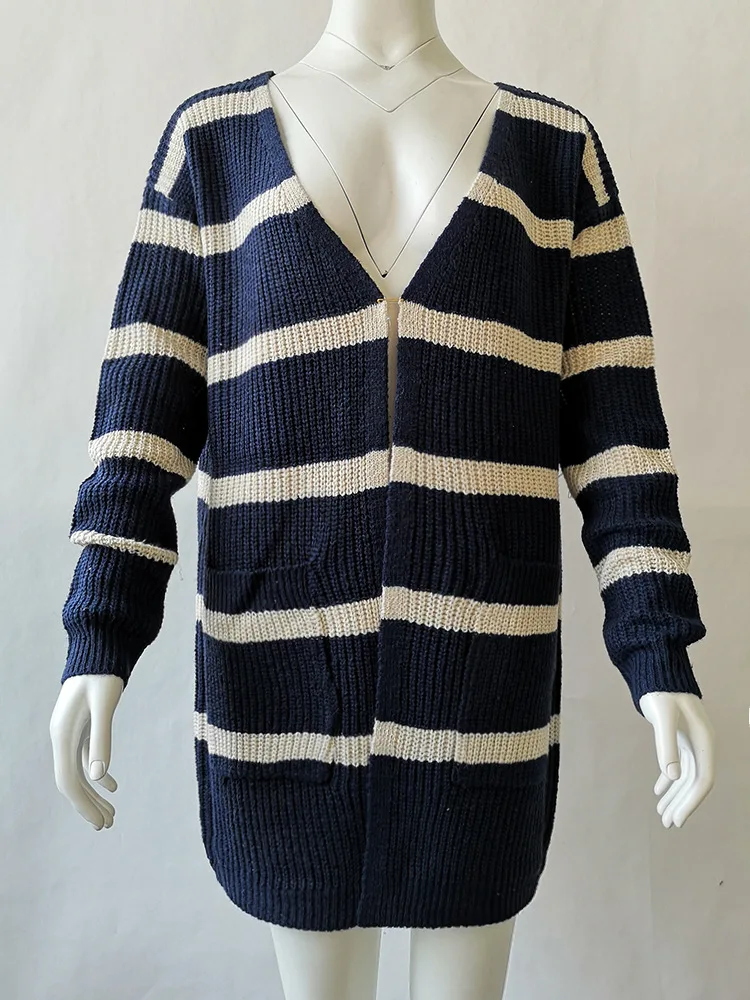 Новинка, женский свитер большого размера, уличная мода, Осень-зима, длинное Полосатое пальто, вязаный кардиган, куртка, пончо и накидки Ey