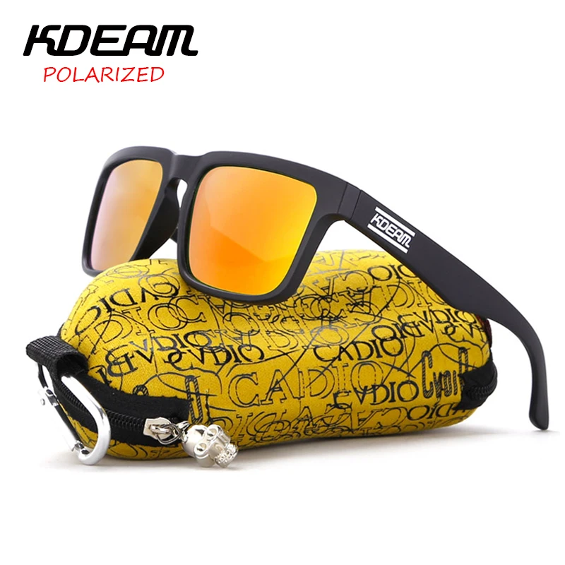 

KDEAM Sport Sunglasses Men Reflective Coating Square Polarized Sun Glasses Black frame HD lens UV400 With Hard Case KD901P-C10