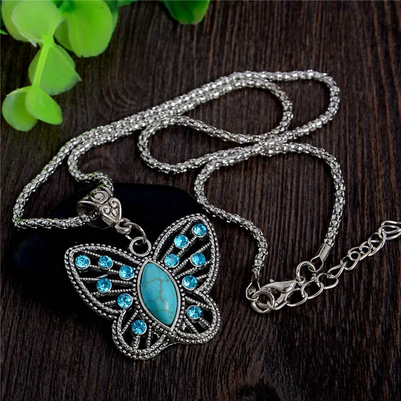 QCOOLJLY Симпатичные полые формы бабочки дизайн 1 шт. флэш серебряный цвет кулон натуральный камень ожерелье для девушек леди женщин