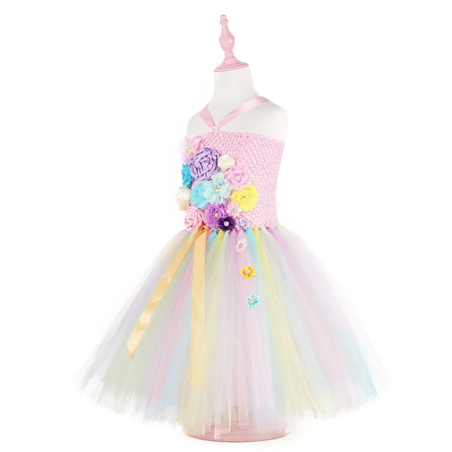 Платье-пачка с единорогом для девочек; Пастельное Радужное праздничное платье принцессы с цветочным рисунком; Детский костюм для костюмированной вечеринки на день рождения или Хэллоуин