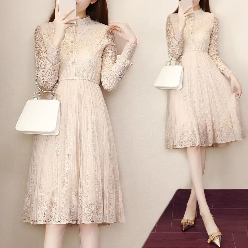

Spring Women's Dress 2019 New Fashion Medium Long Solid Color Lace Waist Temperament Long sleeve Chiffon Women's Dress NUW386