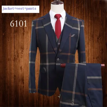 

New arrival fashion Suit Men Plaid Three jacket+pant+vest Sets Groom Wedding Single Breasted Formal plus size MLXL2XL3XL4XL5XL