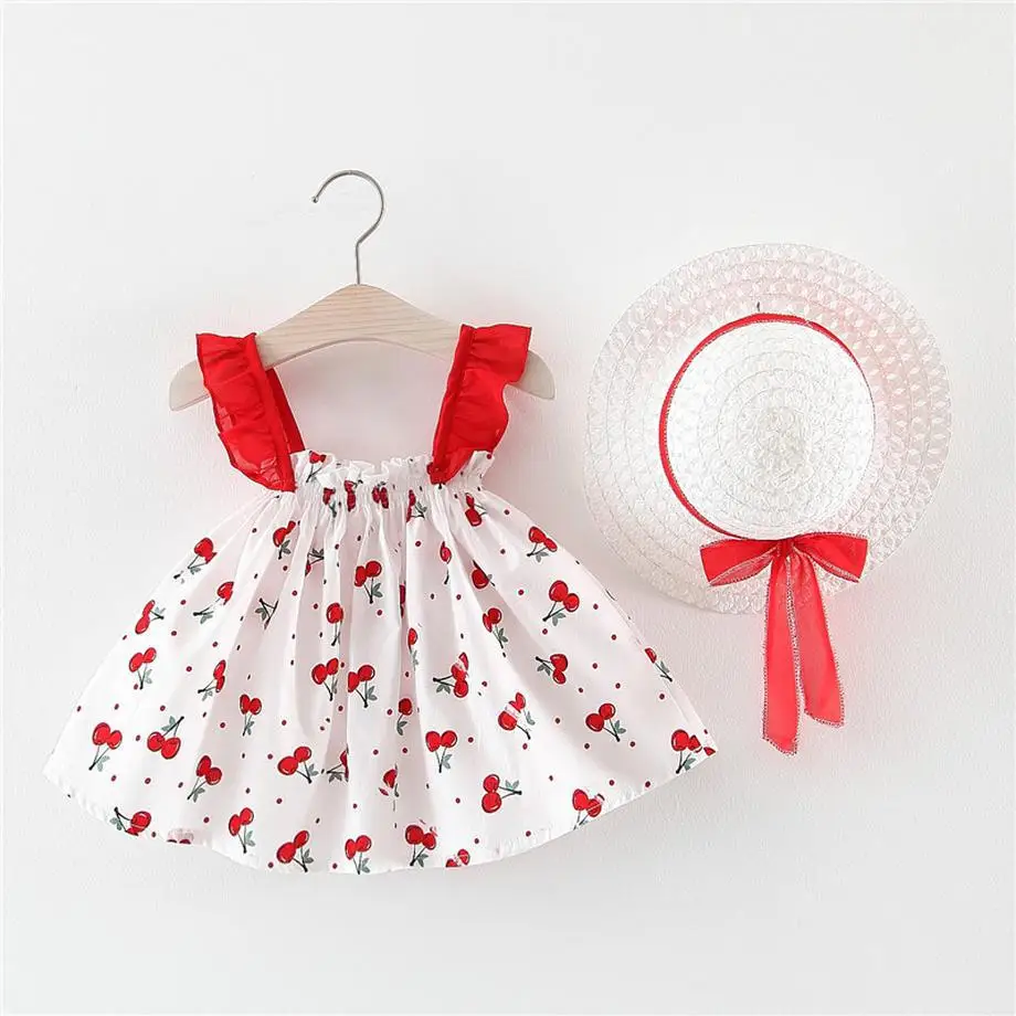

Baby girl dress 2019 sleeveless clothes for girls cotton cherry printing princess dress summer kids suspender dresses for girls