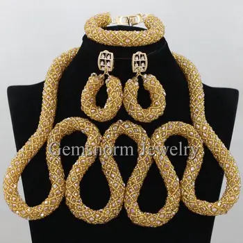 

New Arrival Gold Champagne Crystal Nigerian Traditional Wedding African Beads Jewelry Set Statement Necklace Free shipping WA331