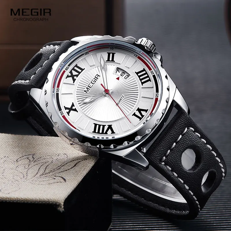

MEGIR Men's Retro Waterproof Quartz Watches Fashion Leather Strap Roman Numerals Analogue Wrist Watch for Man 1019GBK-7