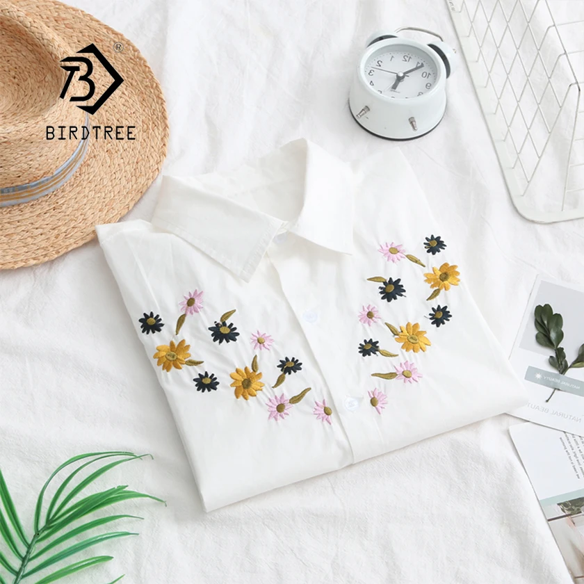 

2018 New Women Cotton White Blouses Button Up Loose Long Sleeve Fashion Floral Embroidery Sweet Camisa Blusa Feminina T89004F