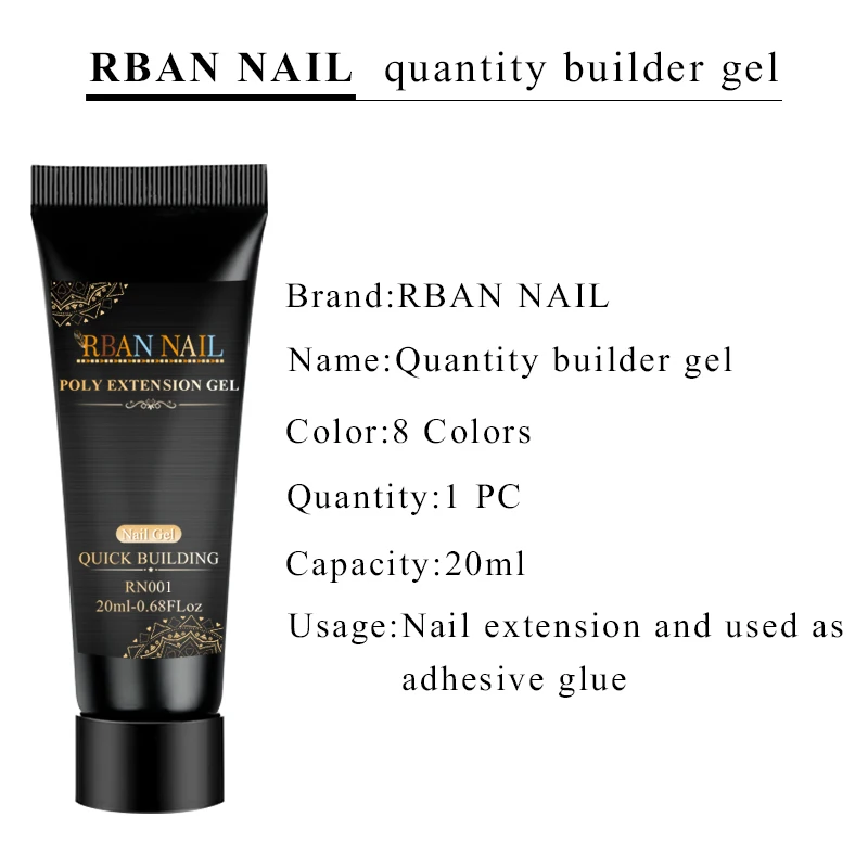 RBAN NAIL 20 ML uñas acrílico Poly Extension Gel Rosa Blanco claro cristal UV LED Builder Gel consejos solución de deslizamiento rápido de extensión